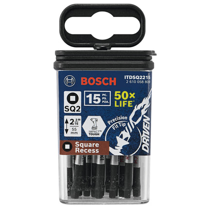 BOSCH ITDSQ2215 Paquete de 15 brocas de potencia de 2 pulgadas para atornillar de impacto Tough Square #2