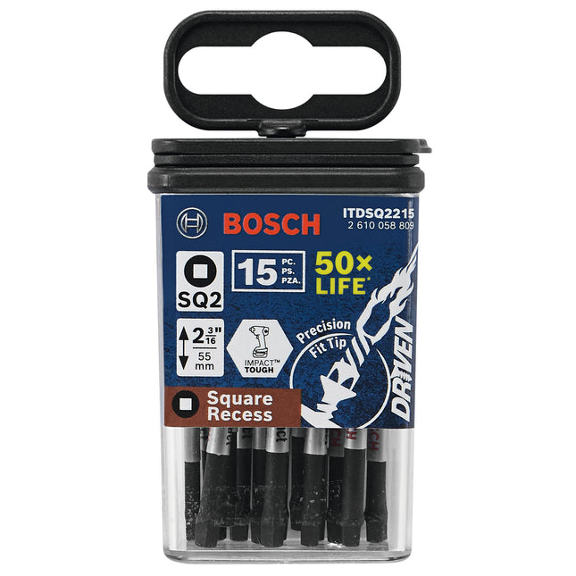 BOSCH ITDSQ2215 Paquete de 15 brocas de potencia de 2 pulgadas para atornillar de impacto Tough Square #2