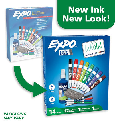EXPO Dry Erase Marker Kit with 12 Fine & Chisel Tip Markers, Eraser & Spray Cleaner, 14-Piece Set