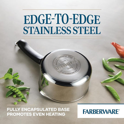Farberware Brilliance Casserole en acier inoxydable avec becs verseurs latéraux pour verser facilement, compatible lave-vaisselle et induction, 0,9 litre, acier inoxydable