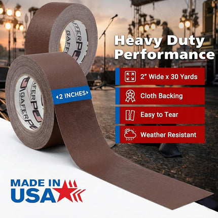 Real Premium Grade Gaffer Tape by GafferPower® - Made in the USA - 2 in X 30 yds – Heavy Duty Gaffer's Tape - Non-Reflective - Multipurpose - Better Than Duct Tape (Brown)