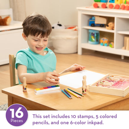 Melissa & Doug Deluxe Happy Handle Juego de Sellos (10 sellos, 5 lápices de colores y almohadilla de tinta lavable de 6 colores)