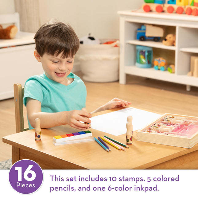 Melissa & Doug Deluxe Happy Handle Stamp Set (10 Stamps, 5 Coloured Pencils, and 6-Colour Washable Ink Pad)