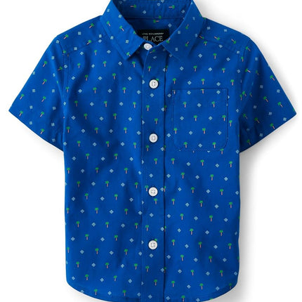 The Children's Place Chemise boutonnée à manches courtes en popeline pour bébés garçons, motif palmier géométrique bleu, 12-18 mois