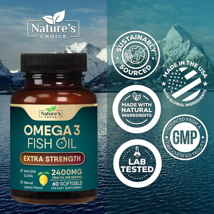 Omega 3 Fish Oil Supplements - 2400mg Fish Oil Per Serving - Triple Strength Omega-3 with Fatty Acids EPA & DHA - Natural Heart, Brain & Immune Support - Wild Caught, Bottled in USA - 60 Softgels