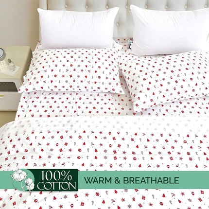 Elegant Comfort Ultra Soft 4-Piece 100% Turkish Cotton Flannel Sheet Set - Holiday Christmas Flannel Sheets, Warm and Cozy Anti-Pill Premium Quality, Deep Pocket Fitted Sheet- Twin XL, Red Stars