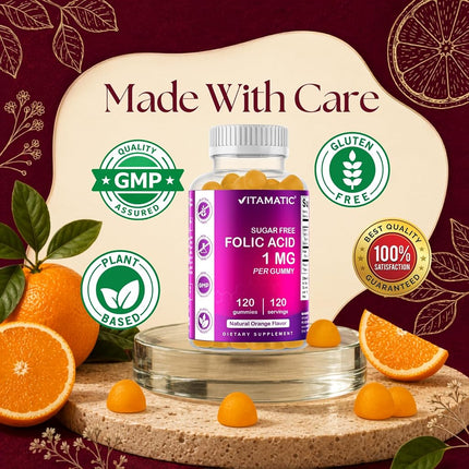 Vitamatic Sugar Free Folic Acid 1 mg Gummies 120 Count Orange Flavor