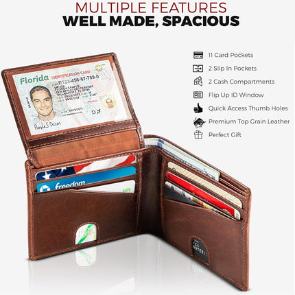 BULL GUARD Cartera de hombre con bloqueo RFID, pliegue doble, de cuero genuino suave, marrón, estilo occidental