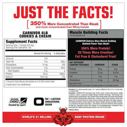 MuscleMeds Carnivor Beef Protein Isolate Powder, Cookies & Cream, 56 Servings, 1820 Gram, 64.1986 ounce, 4 pound