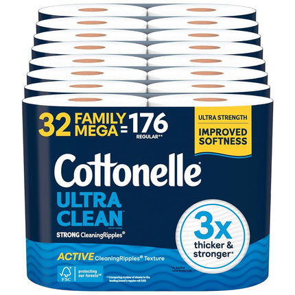 Cottonelle Ultra Clean Toilet Paper with Active CleaningRipples Texture, 32 Family Mega Rolls (32 Family Mega Rolls = 176 Regular Rolls) (8 Packs of 4), 353 Sheets Per Roll, Packaging May Vary