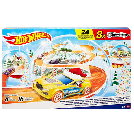 Hot Wheels Toy Cars, Advent Calendar 2024, 8 Hot Wheels Cars in Scale 1:64, Behind 24 Numbered Doors Hide 16 Winter Accessories and a Play Mat, HTG00