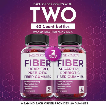 Gomitas de fibra prebiótica sin azúcar para adultos - Suplemento de fibra formulado con 5 g de fibra y 5,4 g de mezcla digestiva prebiótica. Favorece la salud intestinal y promueve una digestión saludable - Paquete de 2 (120 gomitas)