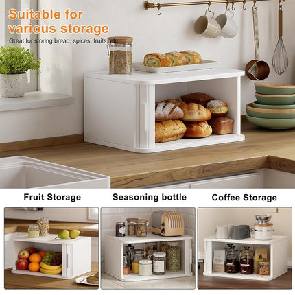 WOWLIVE Bread Box for Kitchen Countertop, Large Roll Top Bread Boxes with Sliding Door, Airtight Bread Storage Container for Loaves, Pastries & Bagels, Bamboo Counter Organizer (White, Medium)