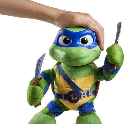 Mattel Teenage Mutant Ninja Turtles: Mutant Mayhem Leonardo Plush Toy with Action and 20+ Sounds, Character Stylized 11 Inch Soft Doll with Vinyl Head