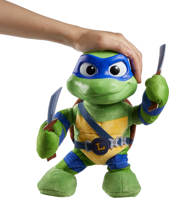 Mattel Teenage Mutant Ninja Turtles: Mutant Mayhem Leonardo Plush Toy with Action and 20+ Sounds, Character Stylized 11 Inch Soft Doll with Vinyl Head
