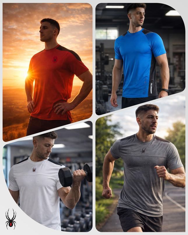 T-shirts de sport Spyder pour hommes - Lot de 2 T-shirts de performance stretch Dri Fit pour hommes, respirants, pour la gym, noir/rouge, taille M