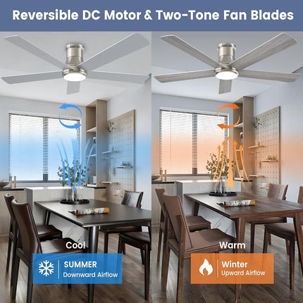 Autoday 52 Inch Ceiling Fans with Lights and Remote - Brushed Nickel Flush Mount Ceiling Fan with Light Low Profile, 6 Speeds, Quiet DC, 3CCT Dimmable, Indoor Outdoor Ceiling Fans for Patios Bedroom