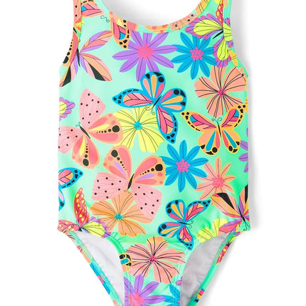 The Children's Place Girls' and Toddler 2 Piece Tankini Swimsuit, Neon Butterflies, 6-9 Months