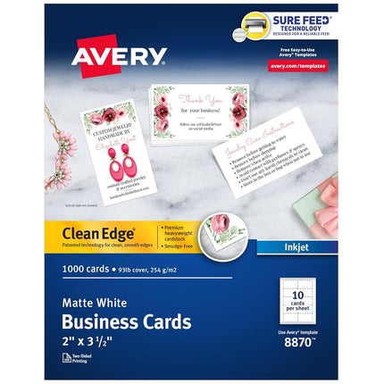 Avery Printable Business Cards, Inkjet Printers, 1,000 Cards, 2 x 3.5, Clean Edge, Heavyweight (8870)