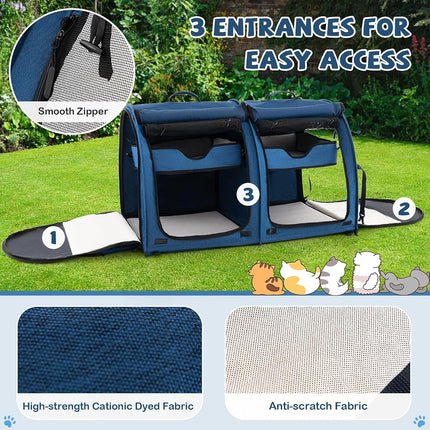 PETSITE 40 Inch Cat Carrier with Double Compartments, Portable Pet Kennel with 2 Removable Hammocks, Dual-use Mats & Litter Box, Soft-Sided Cat Dog Crate with Carry Bag & Ground Stakes (Black)