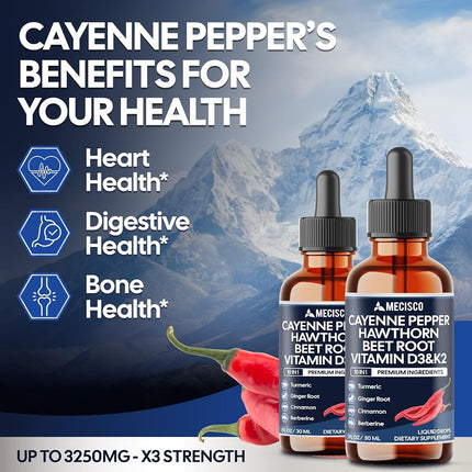 2 Packs of 30ml - Cayenne Pepper Liquid Drops with Vitamin D3, Vitamin K2, Hawthorn Berry, Beet Root, Ginger, Ceylon Cinnamon, Turmeric, Berberine - 120 Day Supply