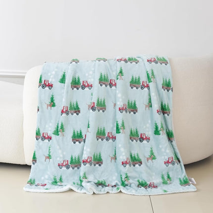 Elegant Comfort Reversible and Ultra-Plush Flannel Fleece-Winter Christmas Sherpa Throw- Lightweight Soft and Cozy-Holiday Decorative Throw, Perfect for Lounging, 50 x 60 inches, Tractor Tree