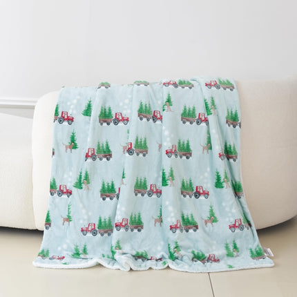 Elegant Comfort Reversible and Ultra-Plush Flannel Fleece-Winter Christmas Sherpa Throw- Lightweight Soft and Cozy-Holiday Decorative Throw, Perfect for Lounging, 50 x 60 inches, Tractor Tree