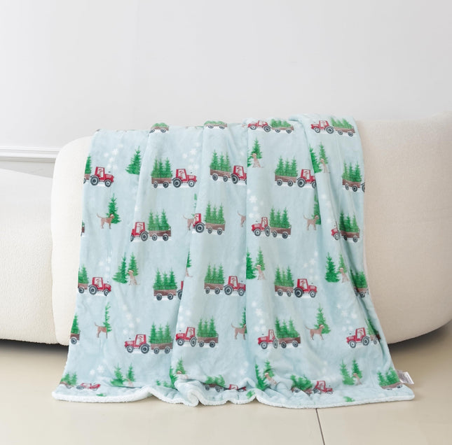 Elegant Comfort Reversible and Ultra-Plush Flannel Fleece-Winter Christmas Sherpa Throw- Lightweight Soft and Cozy-Holiday Decorative Throw, Perfect for Lounging, 50 x 60 inches, Tractor Tree