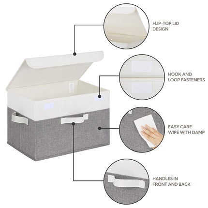 GRANNY SAYS Storage Boxes with Lids, Pack of 2 Fabric Bins, Decorative Containers with Lids, Pretty Storage Baskets with Lid, Clothes Bins for Organising, White&Grey