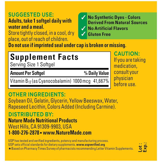 Vitamin B12 1000 mcg Softgels, 90 Count for Metabolic Health