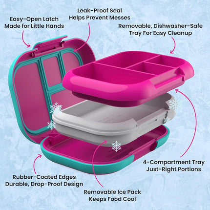 Bentgo® Kids Chill Lunch Box - Bento-Style Lunch Solution with 4 Compartments and Removable Ice Pack for Meals and Snacks On-The-Go - Leak-Proof, Dishwasher Safe, Patented Design (Fuchsia/Teal)