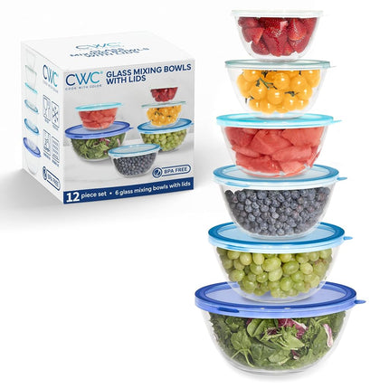 COOK WITH COLOR 12 Pc Glass Mixing Bowl Set with Lids – Borosilicate Glass Nesting Bowls for Cooking, Baking and Meal Prep, Blue