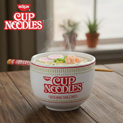 Silver Buffalo Nissin Classic Cup Noodles Logo Much More Than a Soup Ceramic Ramen Noodle Rice Bowl with Chopsticks, Microwave Safe, 20 Ounces