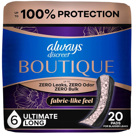 Always Discreet Boutique Adult Incontinence Bladder Leak Pads for Women, Ultimate Absorbency, Long Length, Up to 100% Bladder Leak Protection, 20 Count