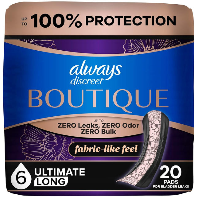 Always Discreet Boutique Adult Incontinence Bladder Leak Pads for Women, Ultimate Absorbency, Long Length, Up to 100% Bladder Leak Protection, 20 Count