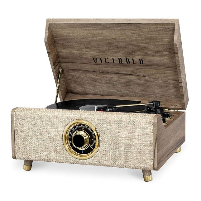 Victrola Highland 4-in-1 Bluetooth Record Player with Speakers – 3-Speed Vinyl Record Player, FM Radio & 3.5mm Aux, Wireless Music Streaming (Farmhouse Walnut)