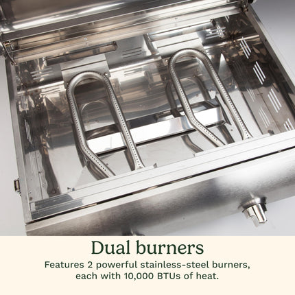 Parrilla de gas propano portátil de mesa Cuisinart Chef's Style con quemadores dobles (20,000 BTU en total), parrilla pequeña de acero inoxidable para acampar, portones traseros y barbacoas (CGG-306C)