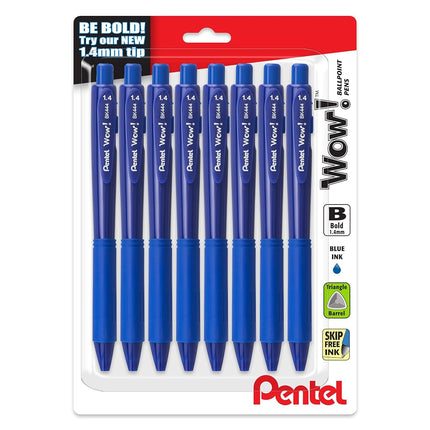 Pentel Wow! Retractable Ballpoint Pen, (1.4mm), Bold Line, Blue Ink, Pack of 8 (BK444BP8C)