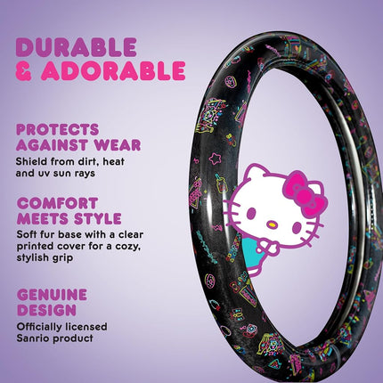 Housse de volant Hello Kitty, housse de volant de voiture officielle Sanrio de taille universelle 14,5-15, accessoires de voiture Hello Kitty noirs mignons pour femmes (Hello Kitty Kawaii Arcade)