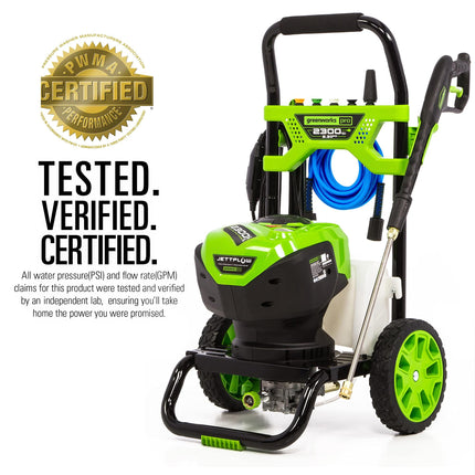Hidrolavadora eléctrica Greenworks 2300 PSI TruBrushless (2.3 GPM), manguera de 25', lanza de conexión rápida, boquillas de 15, 24, 40 grados, jabón y turbo.