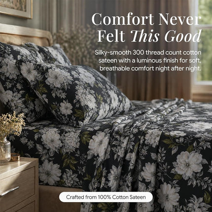 Tribeca Living Twin Bed Sheet Set, 300 Thread Count Soft Cotton Sateen, Floral Print with Extra Deep Pockets, 3-Piece Bedding Set, Vernazza Charcoal/Multicolor