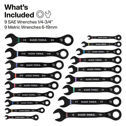 KLEIN TOOLS 69418CG 18-Piece Combination Ratcheting Wrench Set, SAE 1/4 to 3/4-Inch and Metric 6 to 19 mm, 90-Tooth Ratchet, MODbox Compatible, Color-Coded Sizes