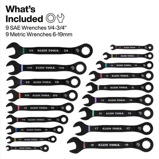 KLEIN TOOLS 69418CG 18-Piece Combination Ratcheting Wrench Set, SAE 1/4 to 3/4-Inch and Metric 6 to 19 mm, 90-Tooth Ratchet, MODbox Compatible, Color-Coded Sizes