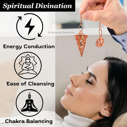 Amazing Gemstone Healing Metal Pendulums for Divination, Rose Gold Cone Chamber Steel Copper Pendulum High Energy Pendulo de Bronce Pendulos de Mesa MP122