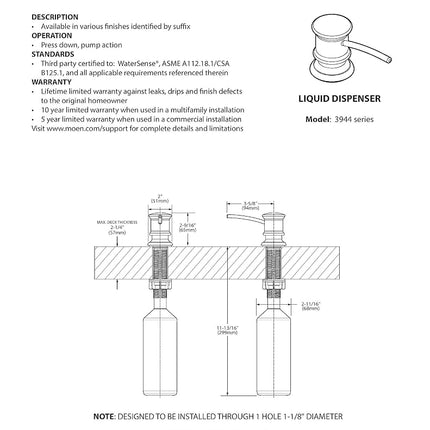 Distributeur de savon et de lotion de cuisine Moen 3944SRS, acier inoxydable anti-traces, paquet de 1