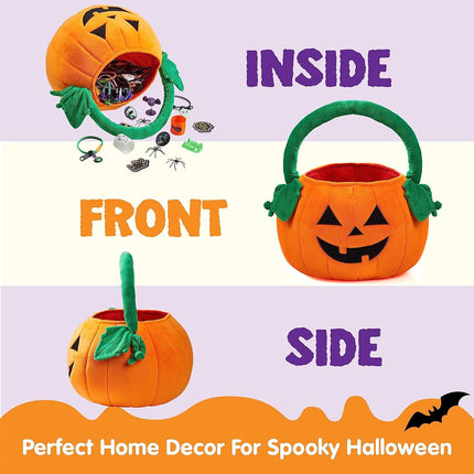 JOYIN Halloween Pumpkin Plush Tote Bucket, 11 X 13.4 inches Candy Trick or Treat Bag, Cute Halloween Basket with Handle for Kids Girl Boy Trick or Treating, Party Favor Supplies, Kids Gifts Goody Bag