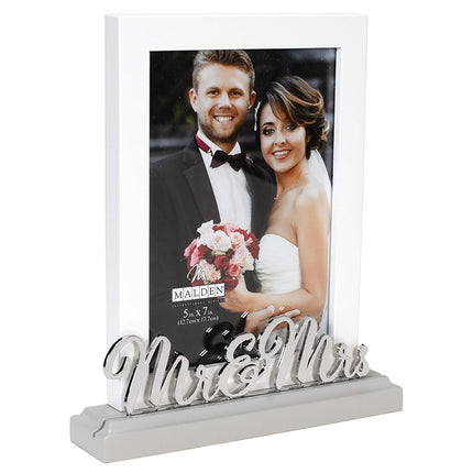 Malden International Designs 5x7 Mr & Mrs Wedding Picture Frame White MDF Wood Frame Routed Gray MDF Wood Base Silver Finish Metal Word Attachment
