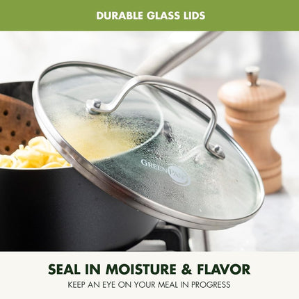 GreenPan Prime Chatham Juego de ollas de 1 y 2 cuartos con tapas de vidrio, cerámica antiadherente con infusión de diamante anodizado duro, sin PFAS, apto para lavavajillas, apto para horno, sartén multiusos, mango que se mantiene frío, negro