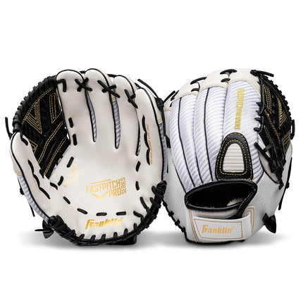 Guante de sóftbol Franklin Sports Fastpitch - Fastpitch Pro - Guante de sóftbol para adultos y jóvenes - Para cuadro interior y exterior - Guante para mano derecha - Blanco/Dorado - 13" para diestros