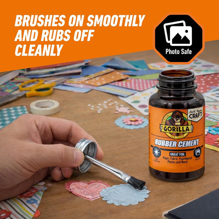Gorilla Rubber Cement with Brush Applicator, Clear Glue, 4 Fluid Ounces (Pack of 2) - Easy to Use, Non-Wrinkling, Non-Yellowing